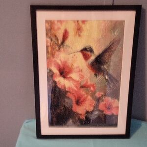 🆕️ Homemade Framed Hummingbird and Flowers Diamond Art with black frame 12x16